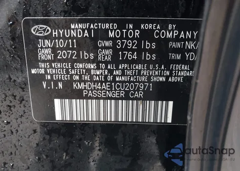 2012 Hyundai Elantra Gls (Ulsan Plant) z USA, uszkodzony, nr VIN KMHDH4AE1CU207971